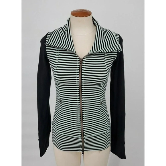 Lululemon Daily Yoga Jacket Mint Black Stripe Size 2 High Neck Full Double Zip - Picture 1 of 8